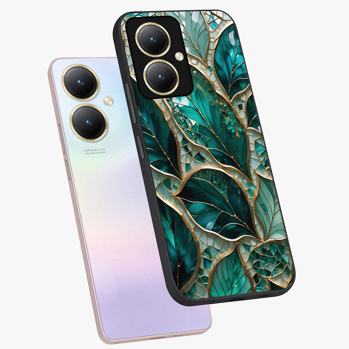 Emerald Leaf Glass Glass Case displayed in angled mockup highlighting botanical leaf illustration with elegant natural aesthetic.