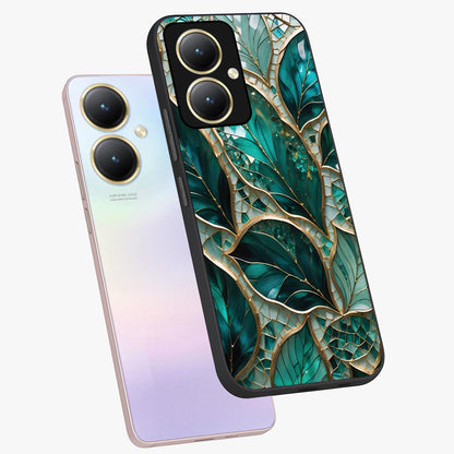Emerald Leaf Glass Glass Case displayed in angled mockup highlighting botanical leaf illustration with elegant natural aesthetic.