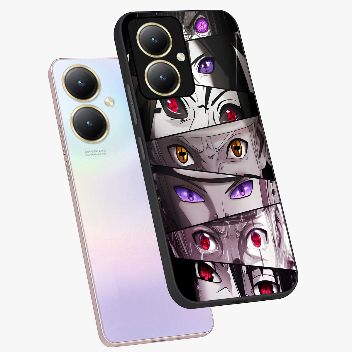 Eyes of Destiny Glass Case displayed in angled mockup highlighting bold eye illustration with mystical aesthetic style.