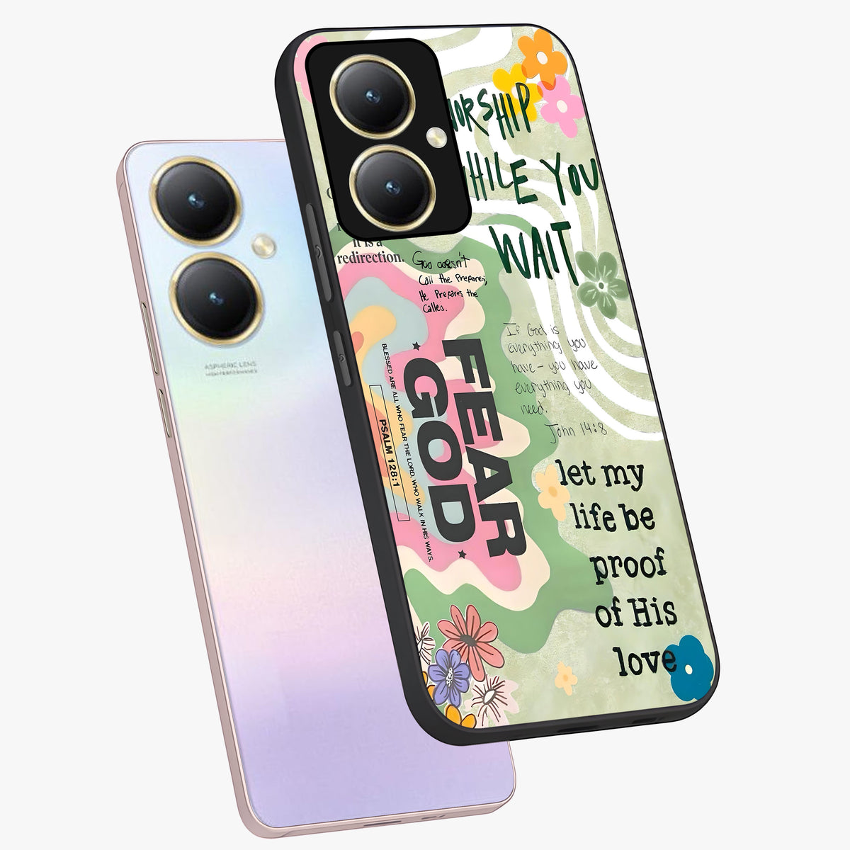 Faith Over Fear Glass Case displayed in angled mockup highlighting inspirational message design with modern aesthetic style.