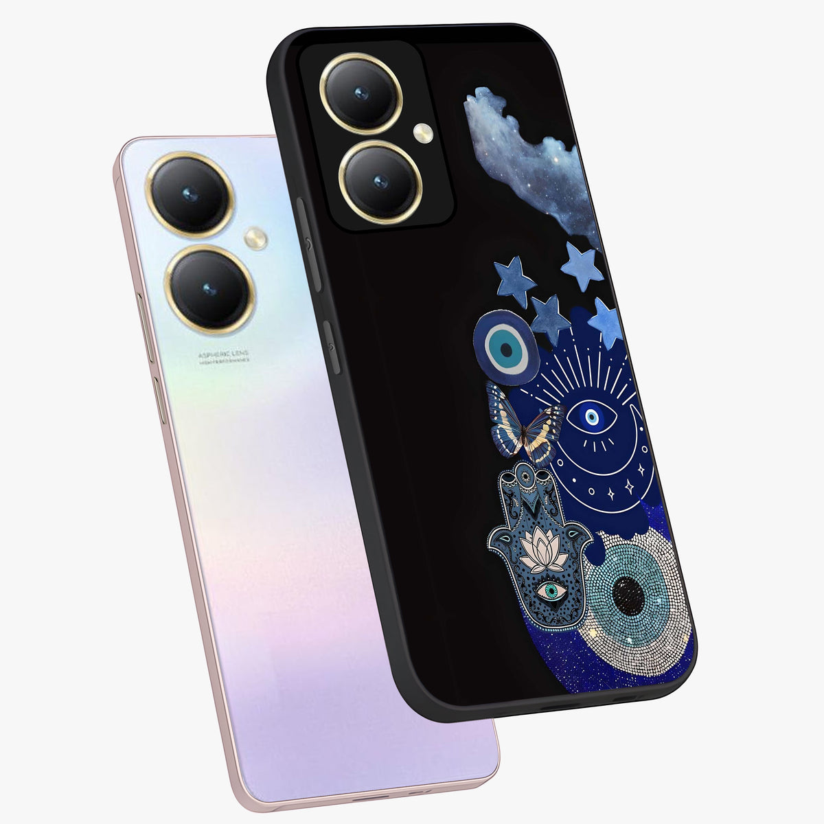 Galactic Charm Cluster Glass Case displayed in angled mockup highlighting luminous galaxy inspired design with dreamy aesthetic.