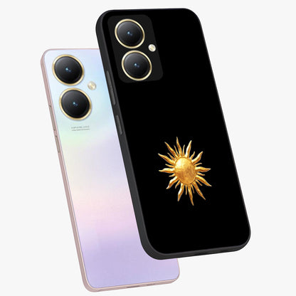 Golden Sun Minimalism Glass Case displayed in angled mockup highlighting eerie shadow illustration with gothic aesthetic.