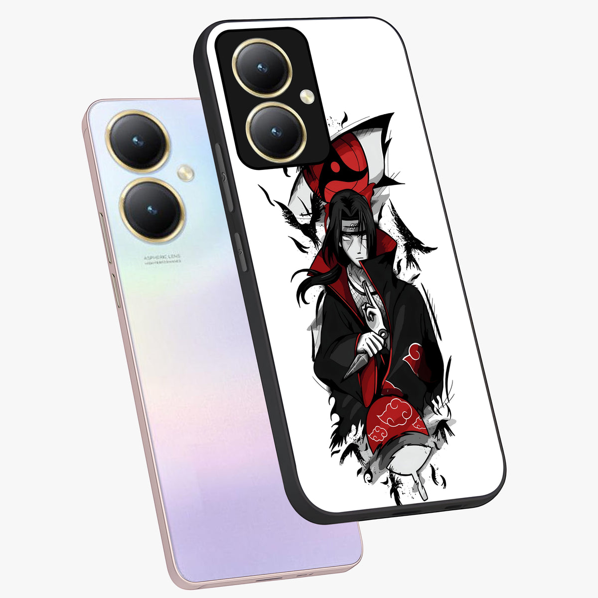 Itachi Limited Edition Naruto Anime Glass Case displayed in angled mockup highlighting dramatic anime illustration with bold action aesthetic.