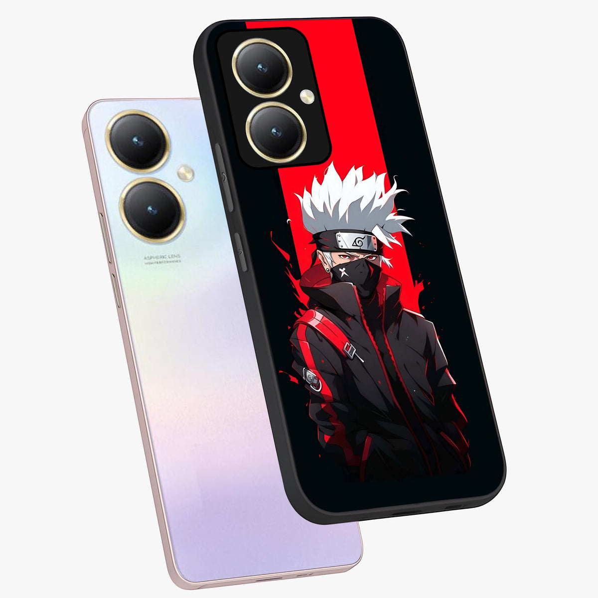 Kakashi Scarlet Shadow Glass Case displayed in angled mockup highlighting dramatic ninja illustration with scarlet themed aesthetic.