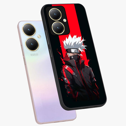 Kakashi Scarlet Shadow Glass Case displayed in angled mockup highlighting dramatic ninja illustration with scarlet themed aesthetic.