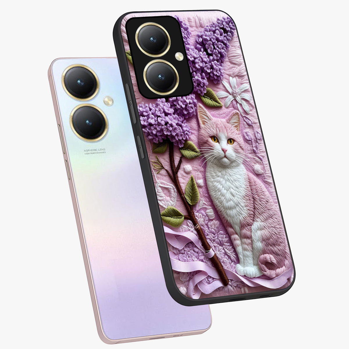 Lavender Cat Whimsy Glass Case displayed in angled mockup highlighting playful feline illustration with pastel lavender aesthetic.