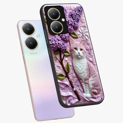 Lavender Cat Whimsy Glass Case displayed in angled mockup highlighting playful feline illustration with pastel lavender aesthetic.