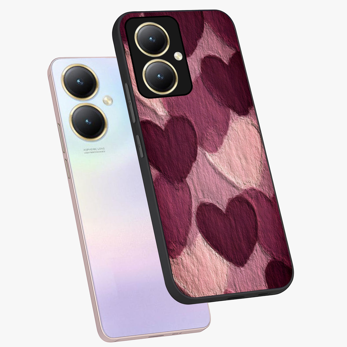 Layered Paper Hearts Glass Case displayed in angled mockup highlighting creative paper craft heart design with romantic aesthetic.