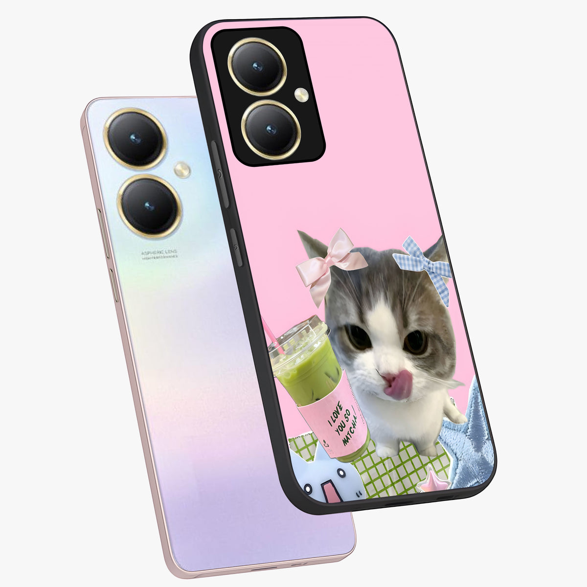 Love Matcha Cat Glass Case displayed in angled mockup highlighting playful feline illustration with cozy matcha aesthetic.