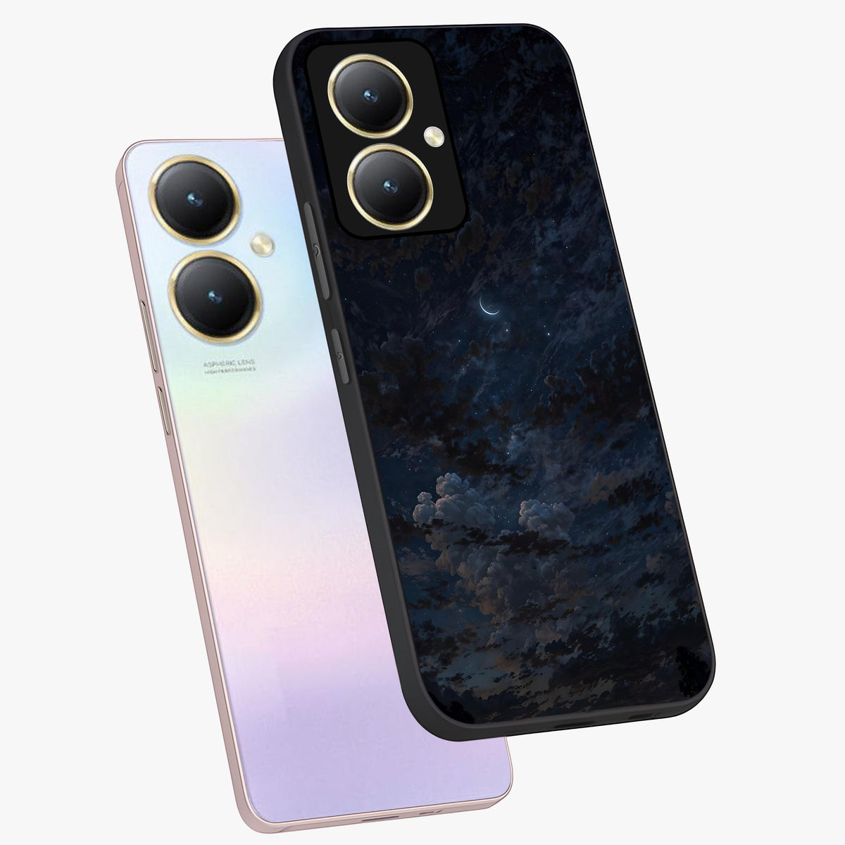 Lunar Veil Silence Glass Case displayed in angled mockup highlighting soft lunar design with peaceful celestial aesthetic.