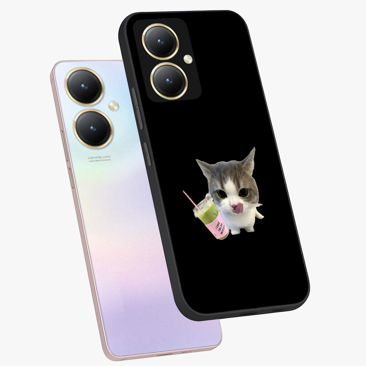 Matcha Cat Style Glass Case displayed in angled mockup highlighting playful feline design with pastel matcha aesthetic.
