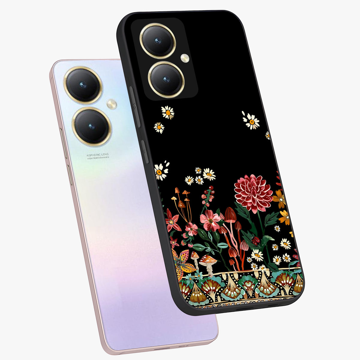 Midnight Bloom Pattern Glass Case displayed in angled mockup highlighting elegant flower design with midnight aesthetic style.