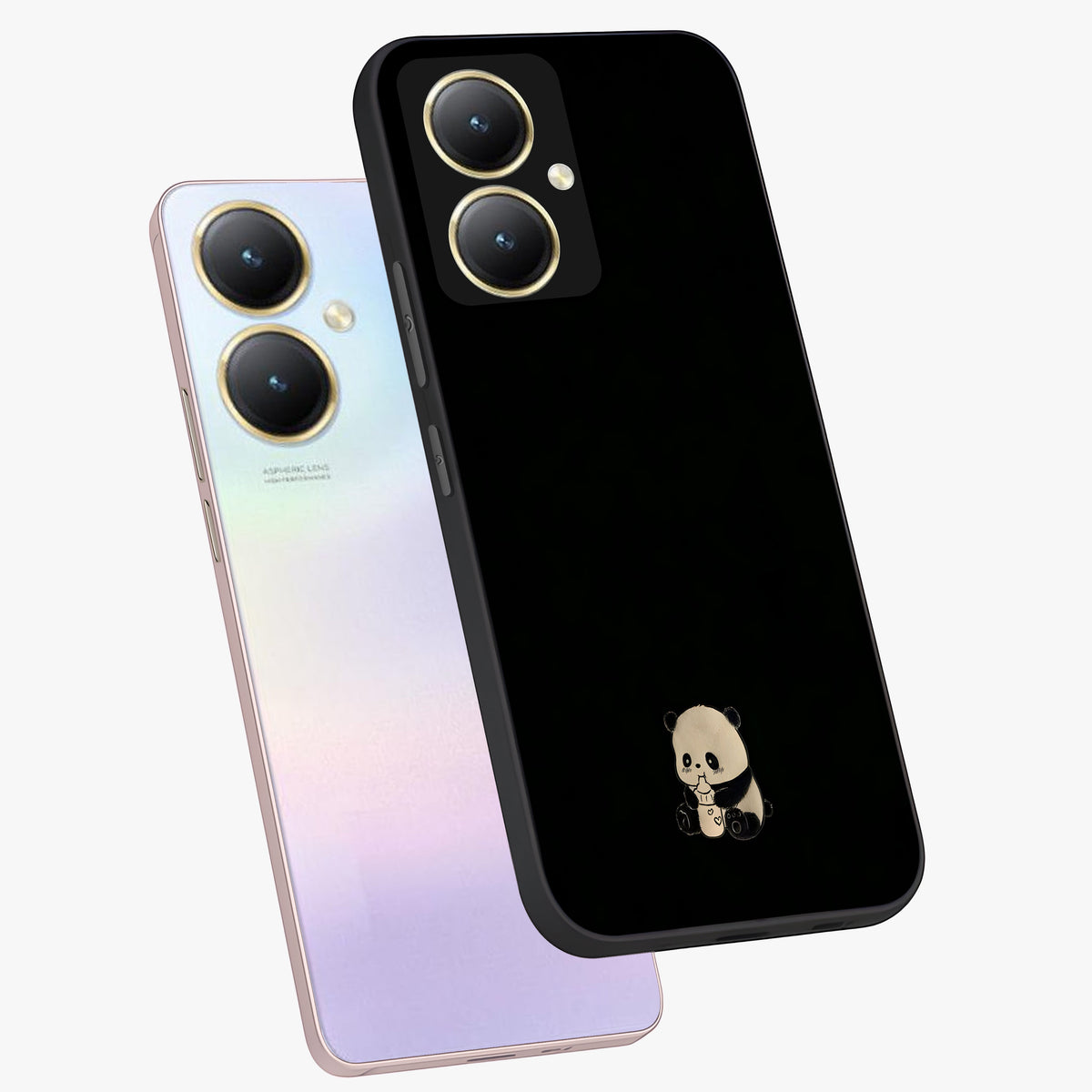 Midnight Panda Love Glass Case displayed in angled mockup highlighting adorable panda illustration with midnight aesthetic.