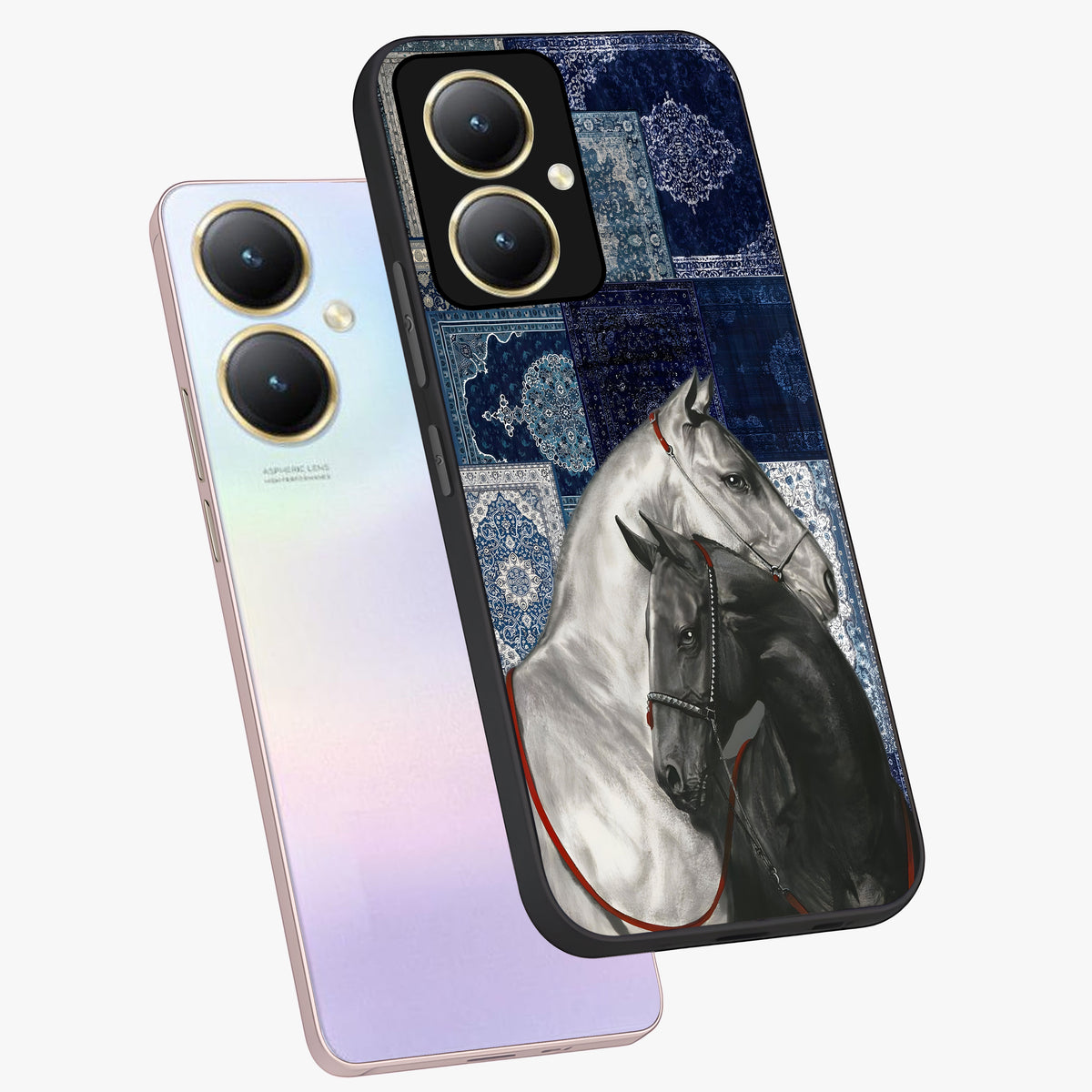 Midnight Stallion Blues Glass Case displayed in angled mockup highlighting powerful stallion illustration with deep midnight tones.