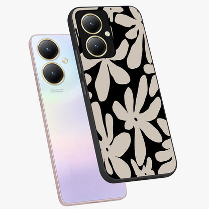 Monochrome Petal Dance Glass Case displayed in angled mockup highlighting elegant petal design with black and white aesthetic.