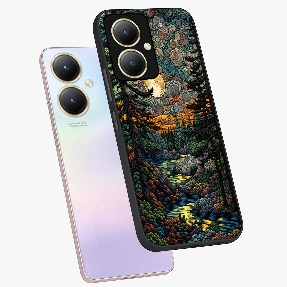 Moonlight Forest Dream Glass Case displayed in angled mockup highlighting dreamy forest design with glowing moon aesthetic.