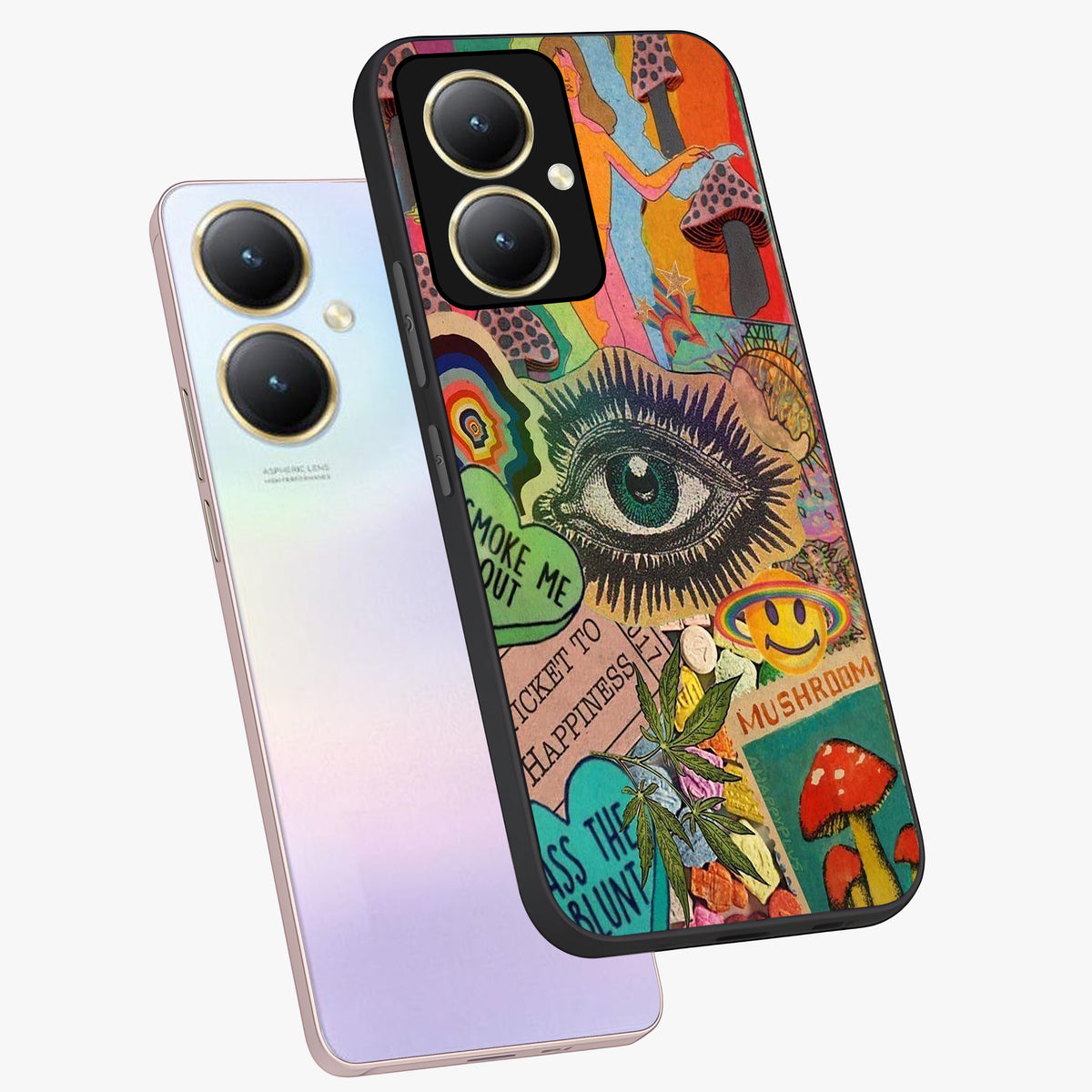 Mystic Eye Wonderland Glass Case displayed in angled mockup highlighting magical eye illustration with dreamy aesthetic.