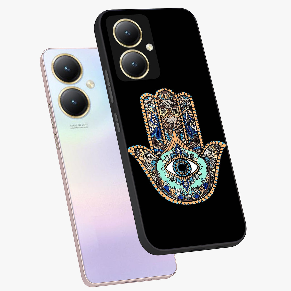 Mystic Hamsa Eye Glass Case displayed in angled mockup highlighting spiritual hamsa symbol with mystical aesthetic style.