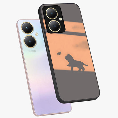 Puppy Shadow Art Glass Case displayed in angled mockup highlighting playful dog illustration with artistic shadow aesthetic.