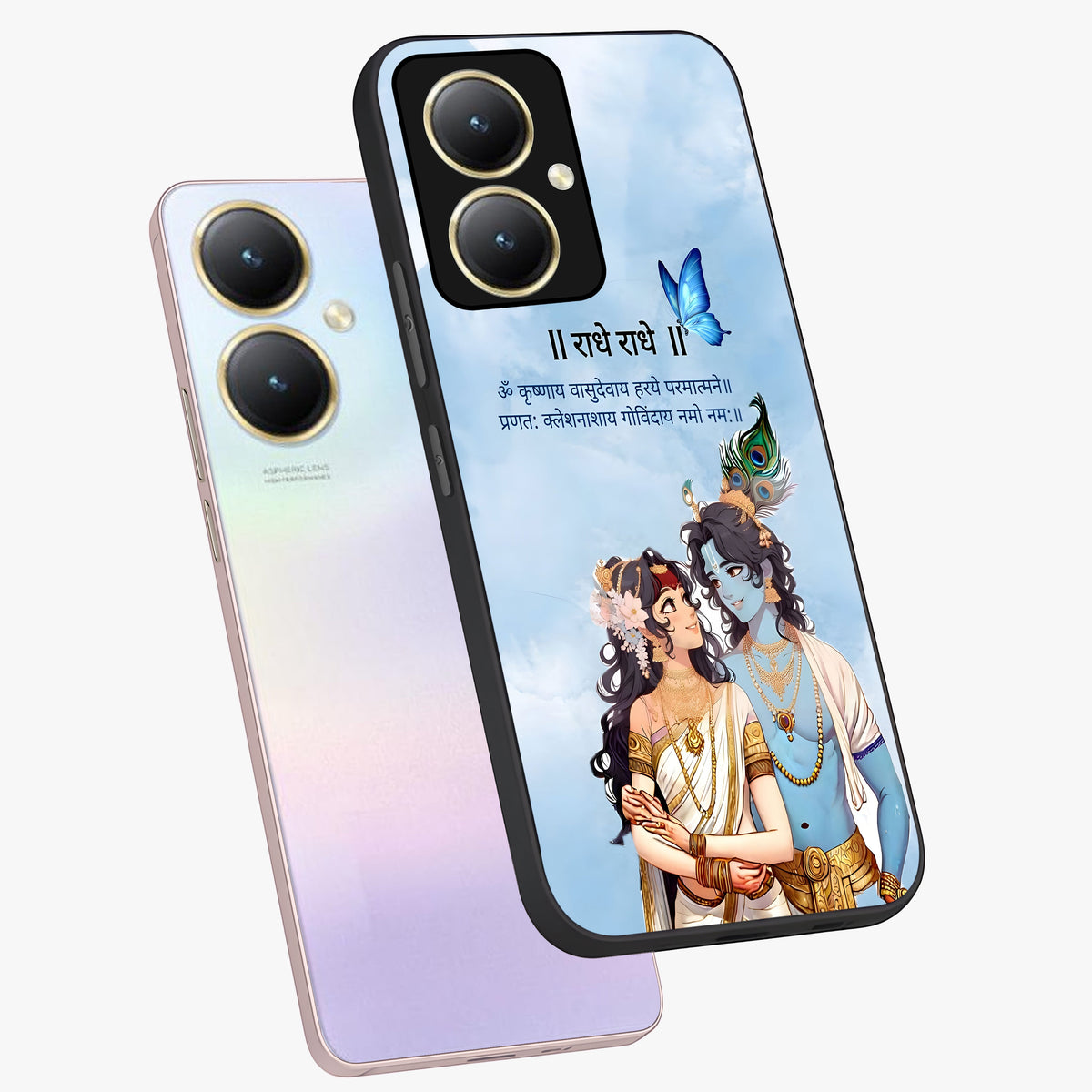 Radha Krishna Eternal Glass Case displayed in angled mockup highlighting divine Radha Krishna illustration with spiritual aesthetic.