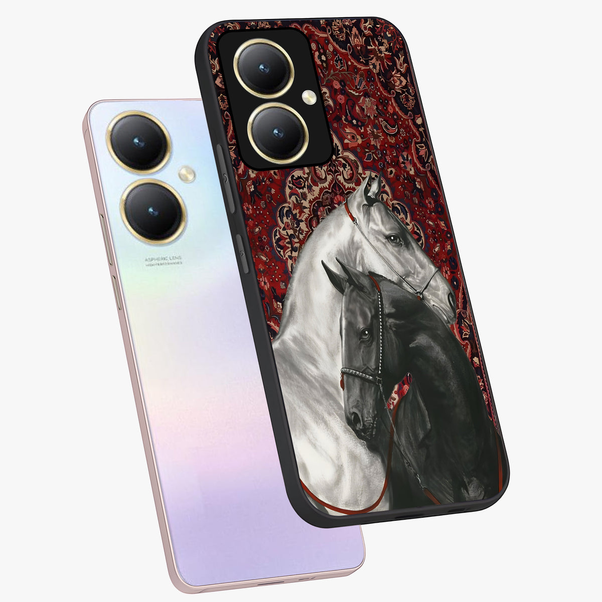 Regal Stallion Tapestry Glass Case displayed in angled mockup highlighting royal stallion design with decorative heritage aesthetic.