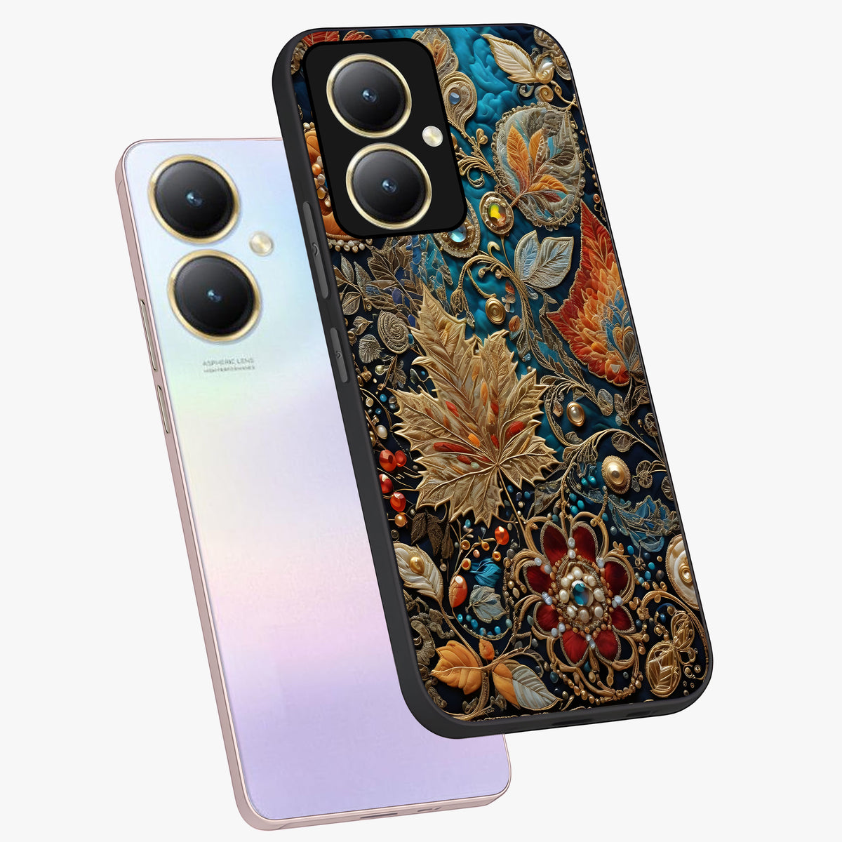 Royal Jewel Garden Glass Case displayed in angled mockup highlighting vibrant jewel inspired floral design with elegant aesthetic.