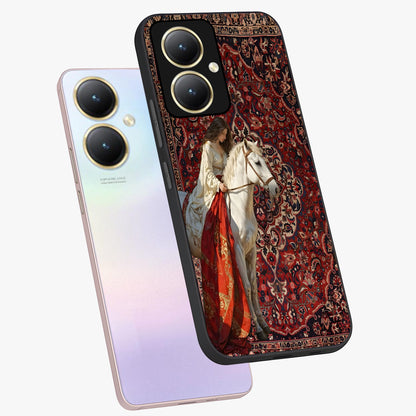 Royal Rider Tapestry Glass Case displayed in angled mockup highlighting traditional tapestry design with royal heritage aesthetic.