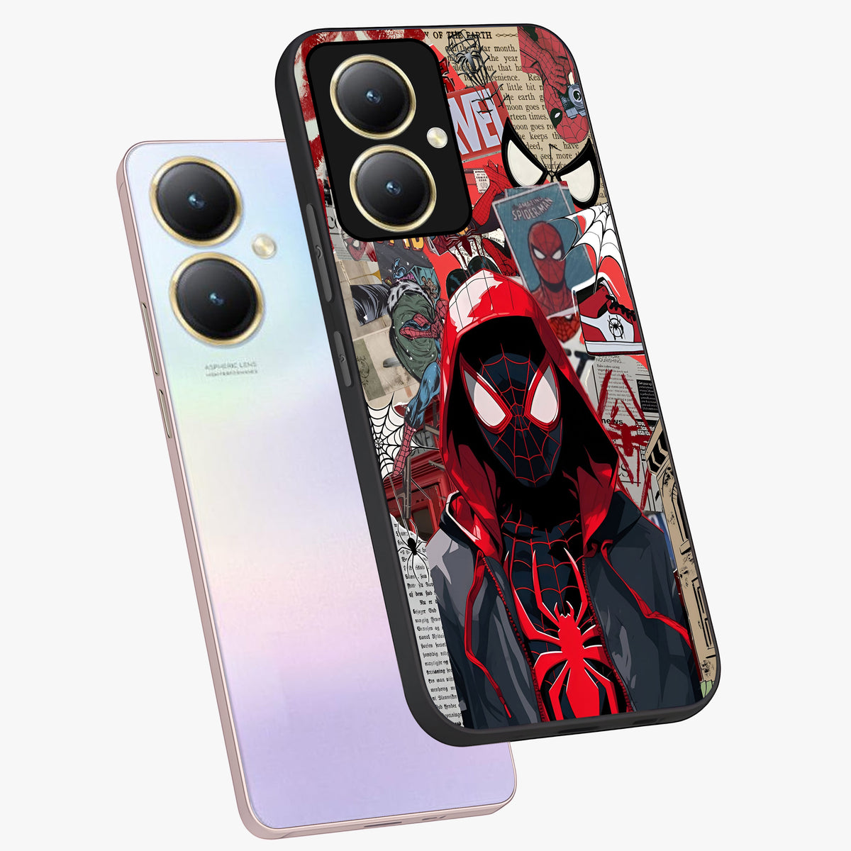 Spider Collage Street Glass Case displayed in angled mockup highlighting dynamic street style collage design with comic aesthetic.
