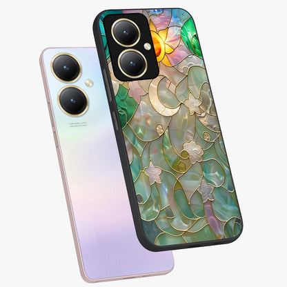 Stained Sunrise Glow Glass Case displayed in angled mockup highlighting radiant sunrise design with artistic aesthetic style.