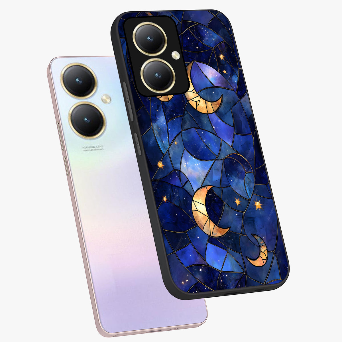 Starlit Sky Tapestry Glass Case displayed in angled mockup highlighting celestial night pattern with artistic aesthetic style.