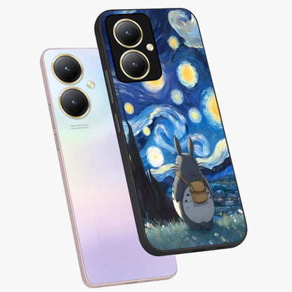 Totoro In Van Gogh Art Glass Case displayed in angled mockup highlighting artistic swirling sky design with playful animation aesthetic.