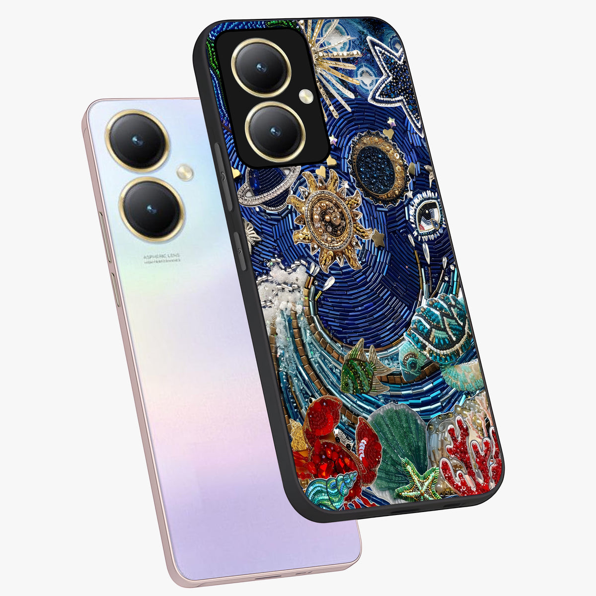 Universe Underwater Spark Glass Case displayed in angled mockup highlighting glowing aquatic design with celestial aesthetic.
