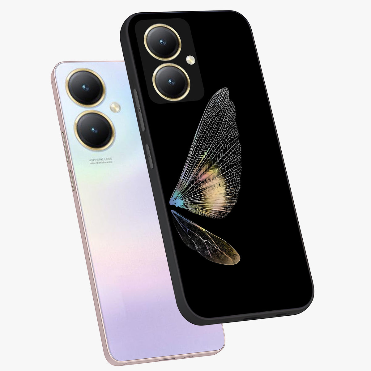 Whispers Of Wings Glass Case displayed in angled mockup highlighting soft feather design with celestial aesthetic style.