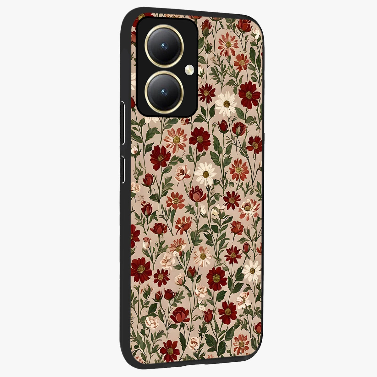 Biege Flower With Leaf Glass Case upright view showcasing delicate beige flower illustration with clean botanical style.
