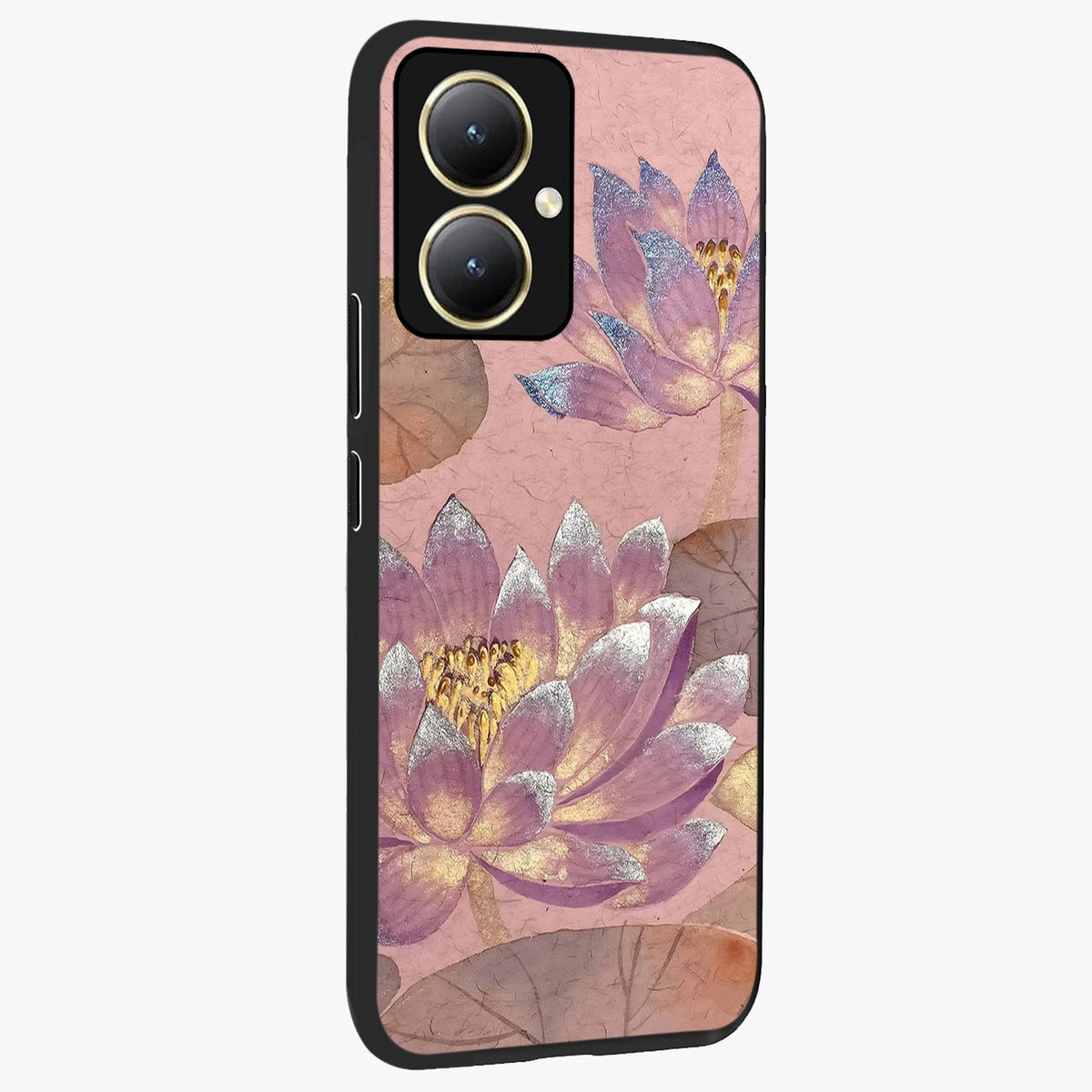 Blossom Mist Lotus Glass Case upright view showcasing graceful lotus flower design with peaceful botanical style.