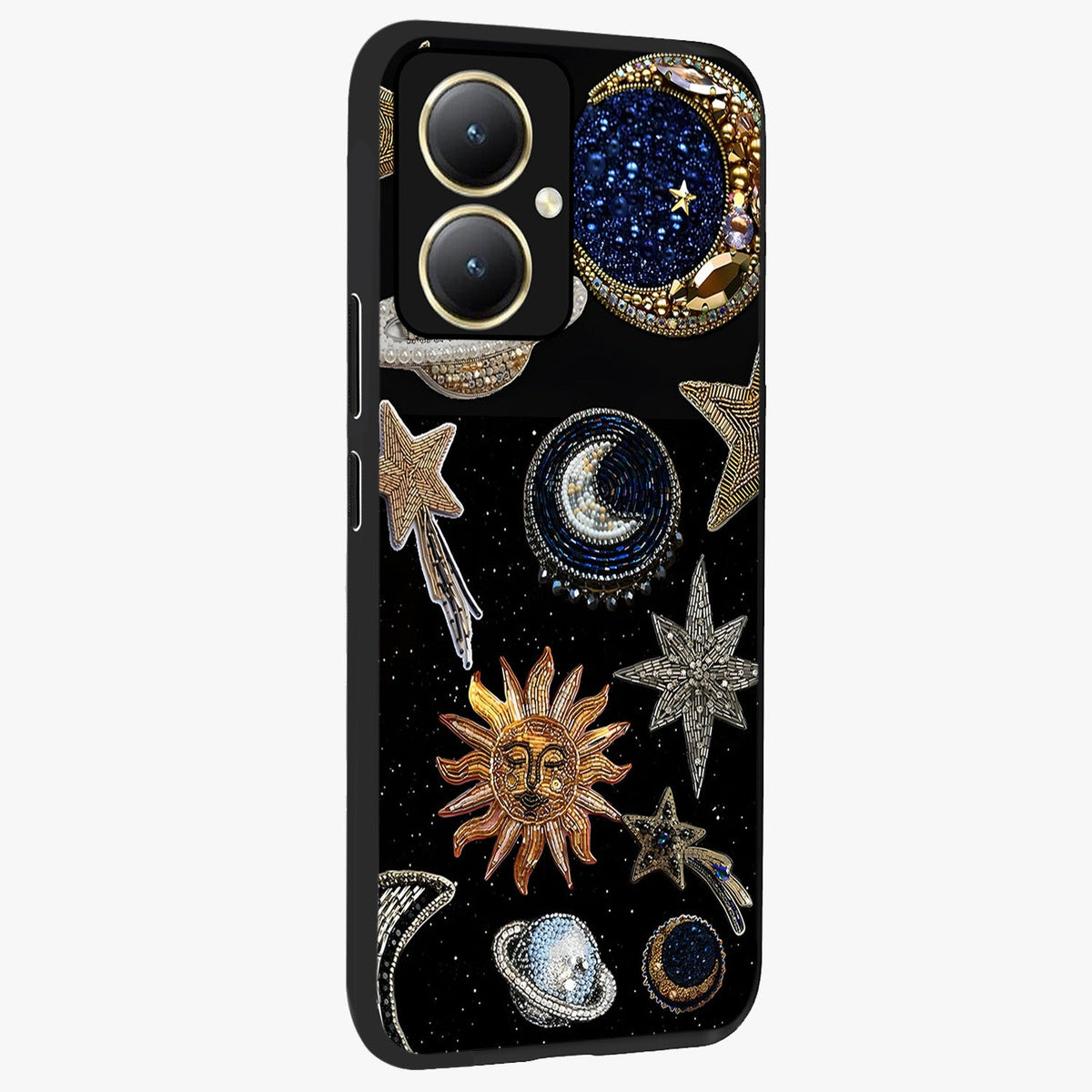 Celestial Gem Constellations Glass Case upright view showcasing cosmic constellation artwork with celestial aesthetic style.