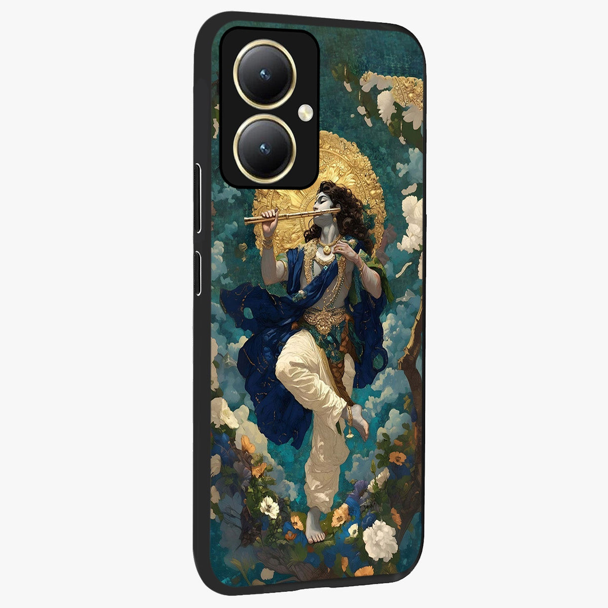 Divine Krishna Art Glass Case upright view showcasing divine Krishna artwork with sacred artistic theme.