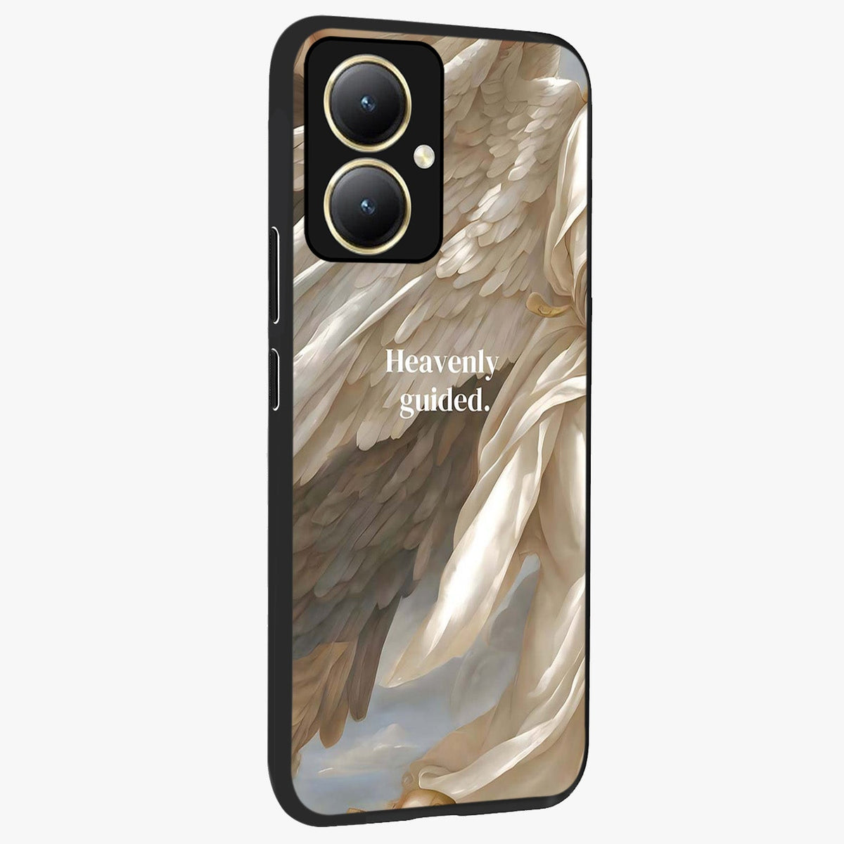 Divine Winged Grace Glass Case upright view showcasing spiritual wing artwork with soft celestial theme.