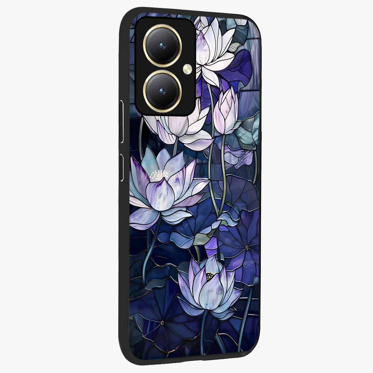 Gloss Petal Rush Glass Case upright view showcasing dynamic floral petal artwork with modern botanical theme.