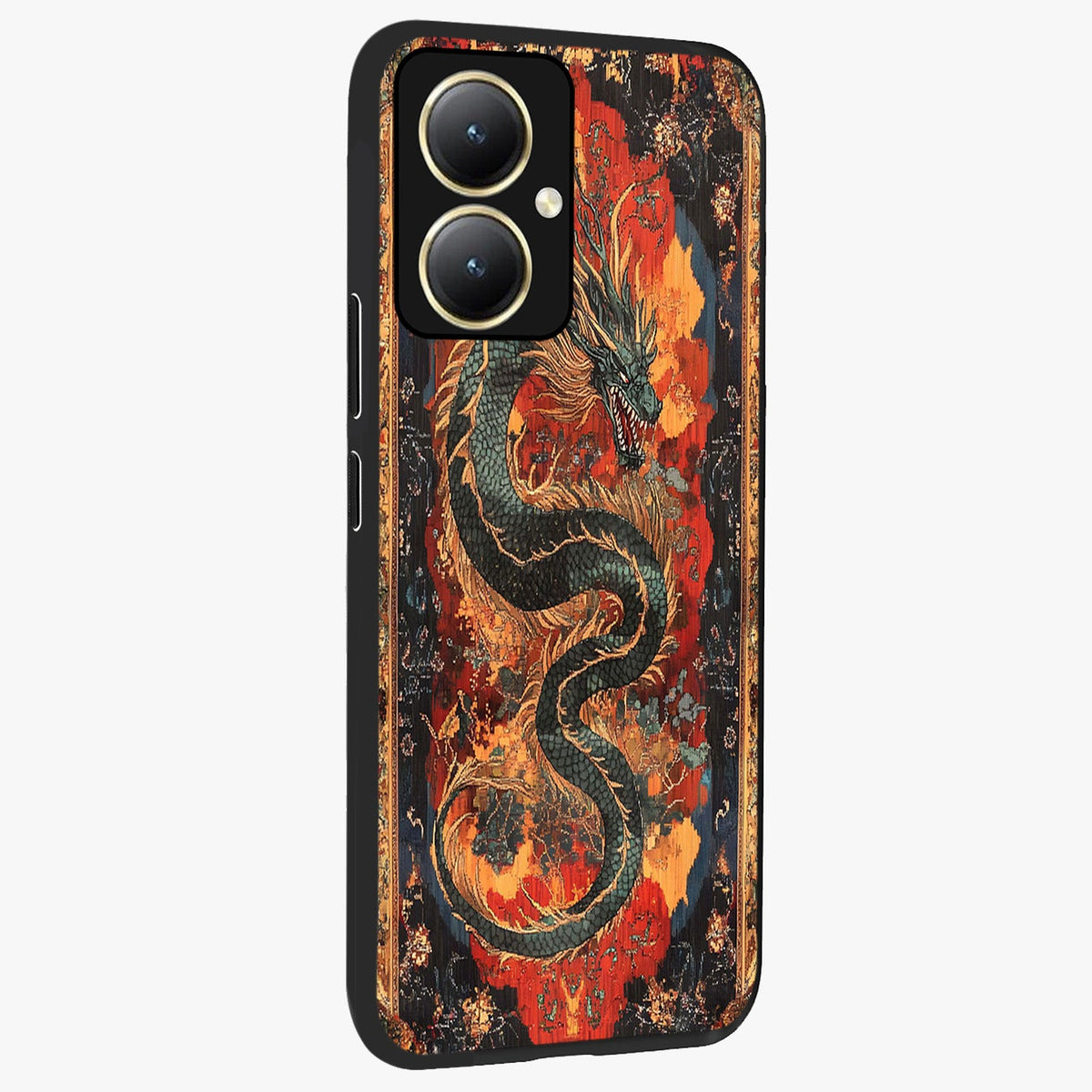 Inferno Dragon Soul Glass Case upright view showcasing intense dragon artwork with fantasy fire theme.