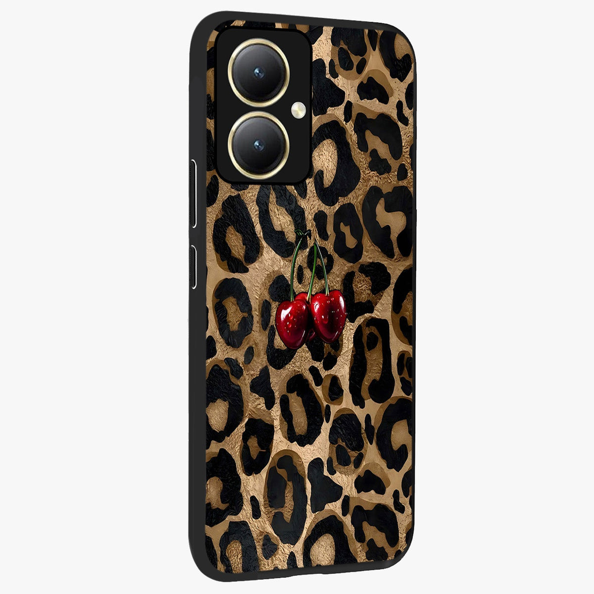 Leopard Wild Cherry Glass Case upright view showcasing stylish leopard pattern artwork with trendy fashion theme.
