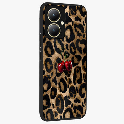 Leopard Wild Cherry Glass Case upright view showcasing stylish leopard pattern artwork with trendy fashion theme.