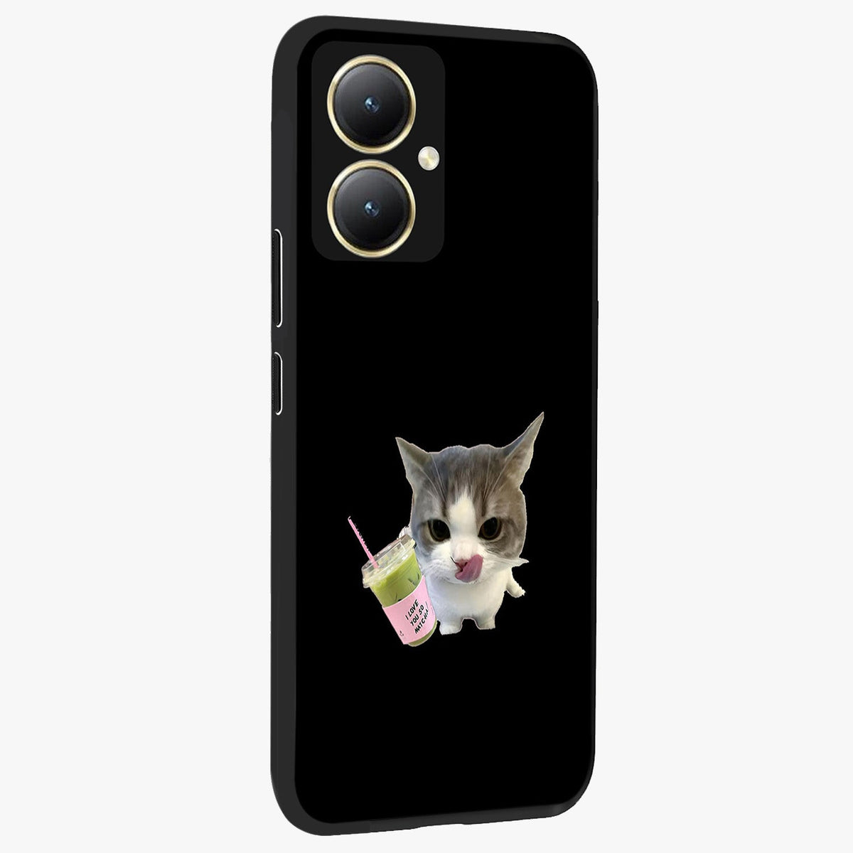 Matcha Cat Style Glass Case upright view showcasing charming cat artwork with cozy aesthetic theme.