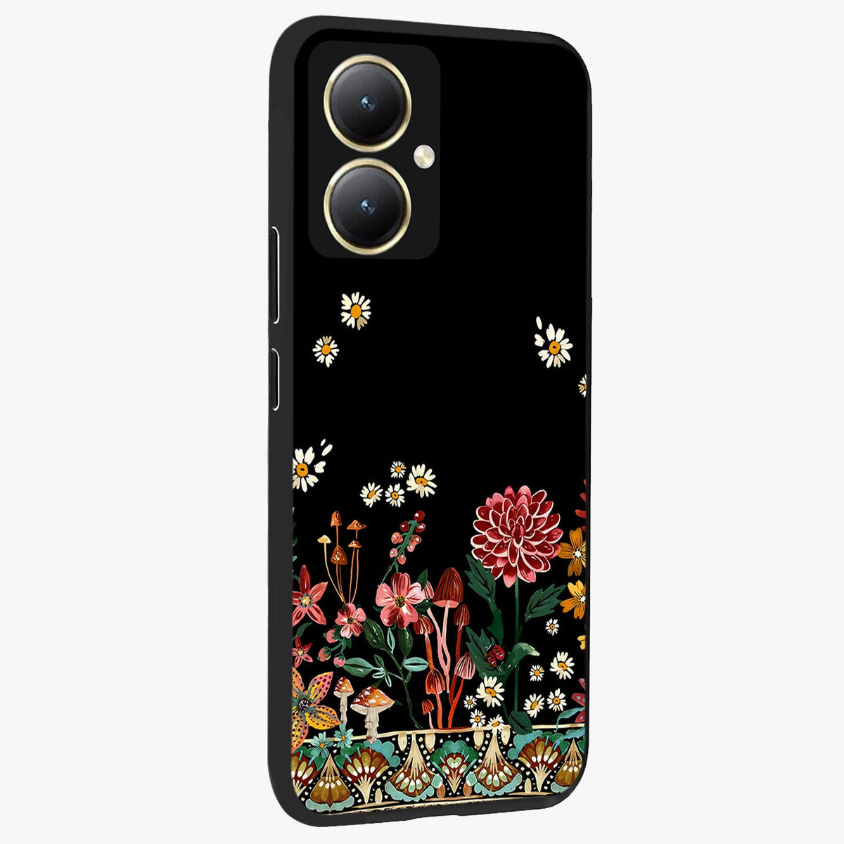 Midnight Bloom Pattern Glass Case upright view showcasing decorative floral artwork with deep night themed palette.
