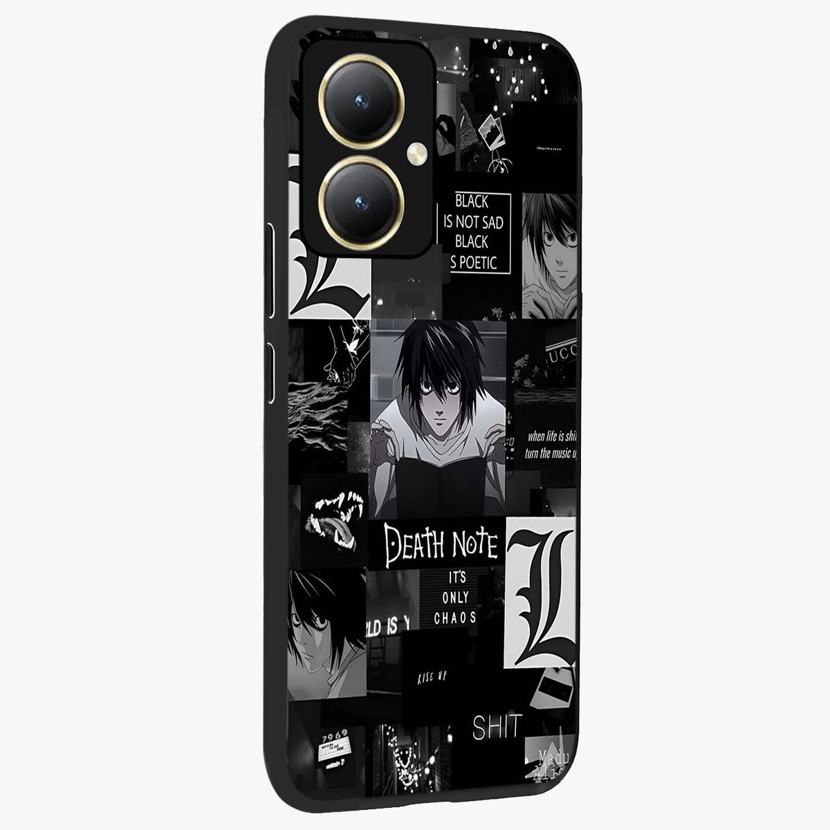 Midnight Chaos Mind Glass Case upright view showcasing expressive abstract artwork with bold dark theme.
