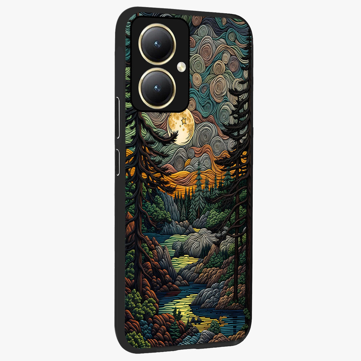 Moonlight Forest Dream Glass Case upright view showcasing magical forest artwork with calm night theme.