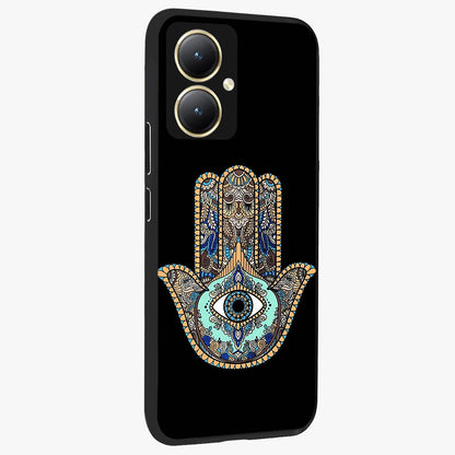 Mystic Hamsa Eye Glass Case upright view showcasing detailed hamsa eye artwork with protective spiritual theme.