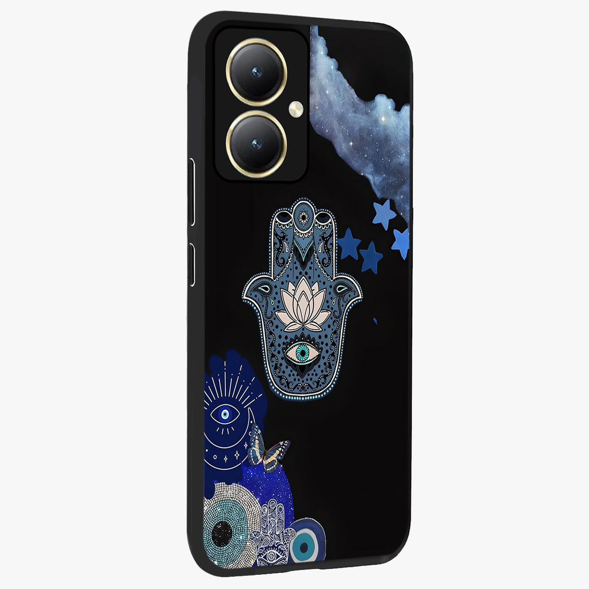 Mystic Hand Aura Glass Case upright view showcasing symbolic hand artwork with mystical energy theme.