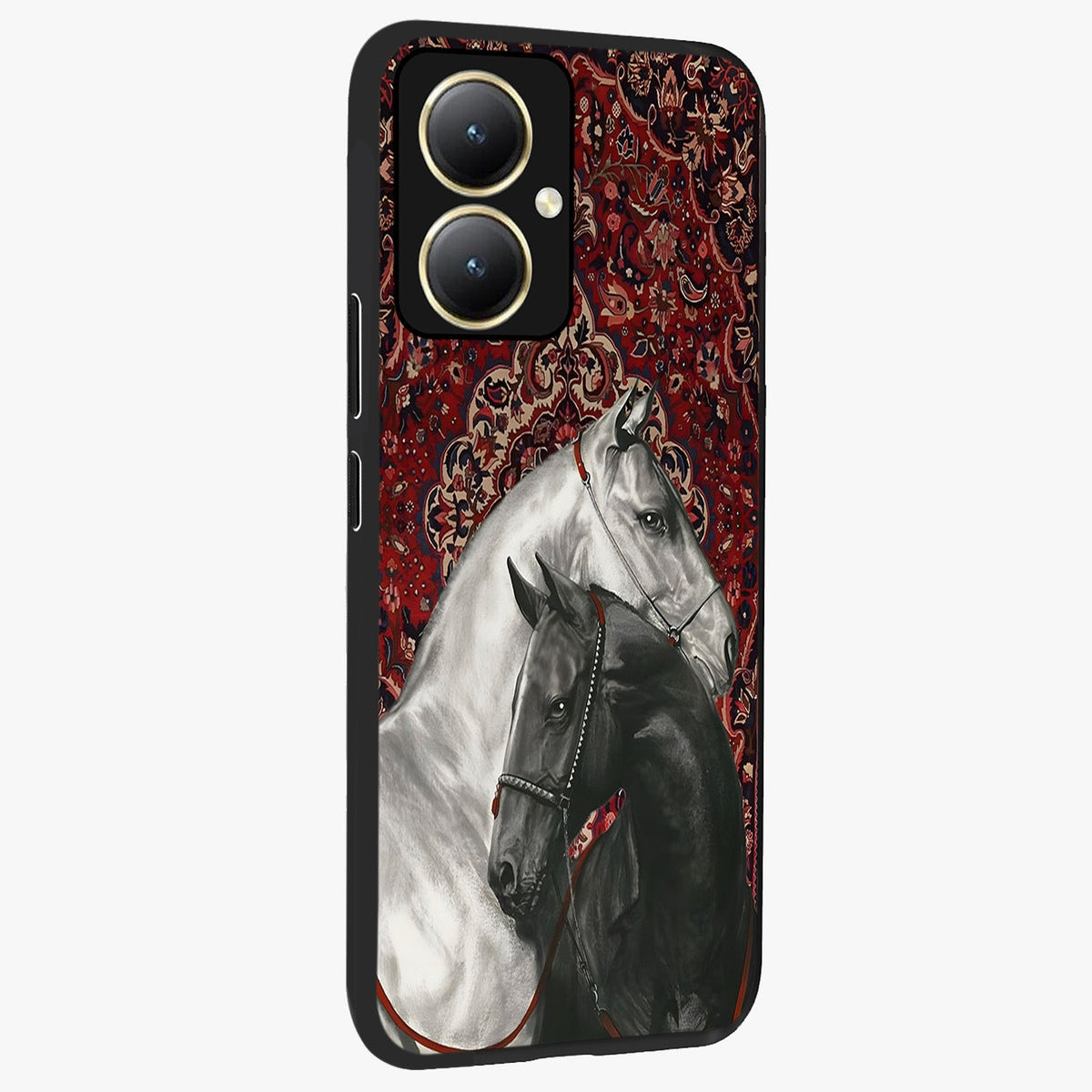 Regal Stallion Tapestry Glass Case upright view showcasing powerful horse artwork with elegant tapestry theme.