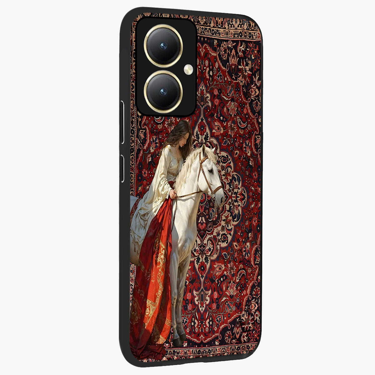 Royal Rider Tapestry Glass Case upright view showcasing detailed rider artwork with classic tapestry theme.